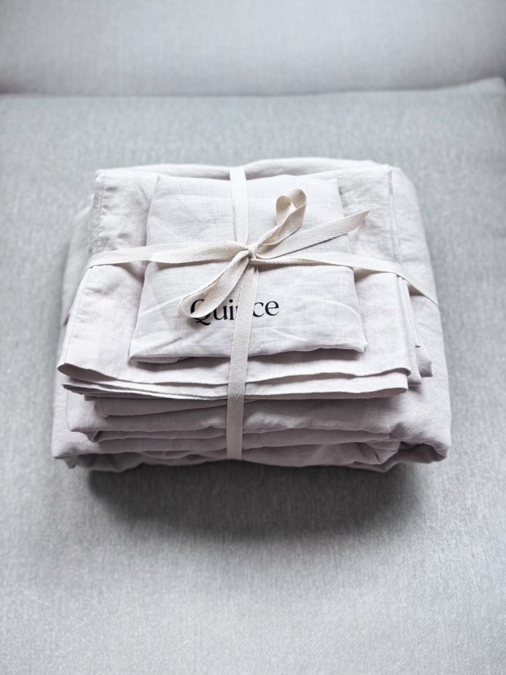 Quince European Linen Sheet Set Queen Sand 4pc + Dust Bag NWOT